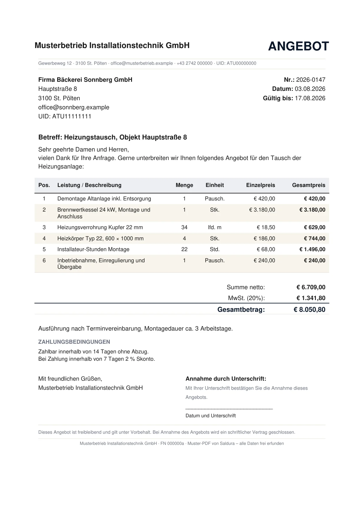 Erste Seite des Muster-Angebots aus Saldura: Anschreiben, Positionstabelle mit Mengen und Einzelpreisen, Summenblock sowie Gültigkeitsdauer und Annahmefeld für den Kunden.